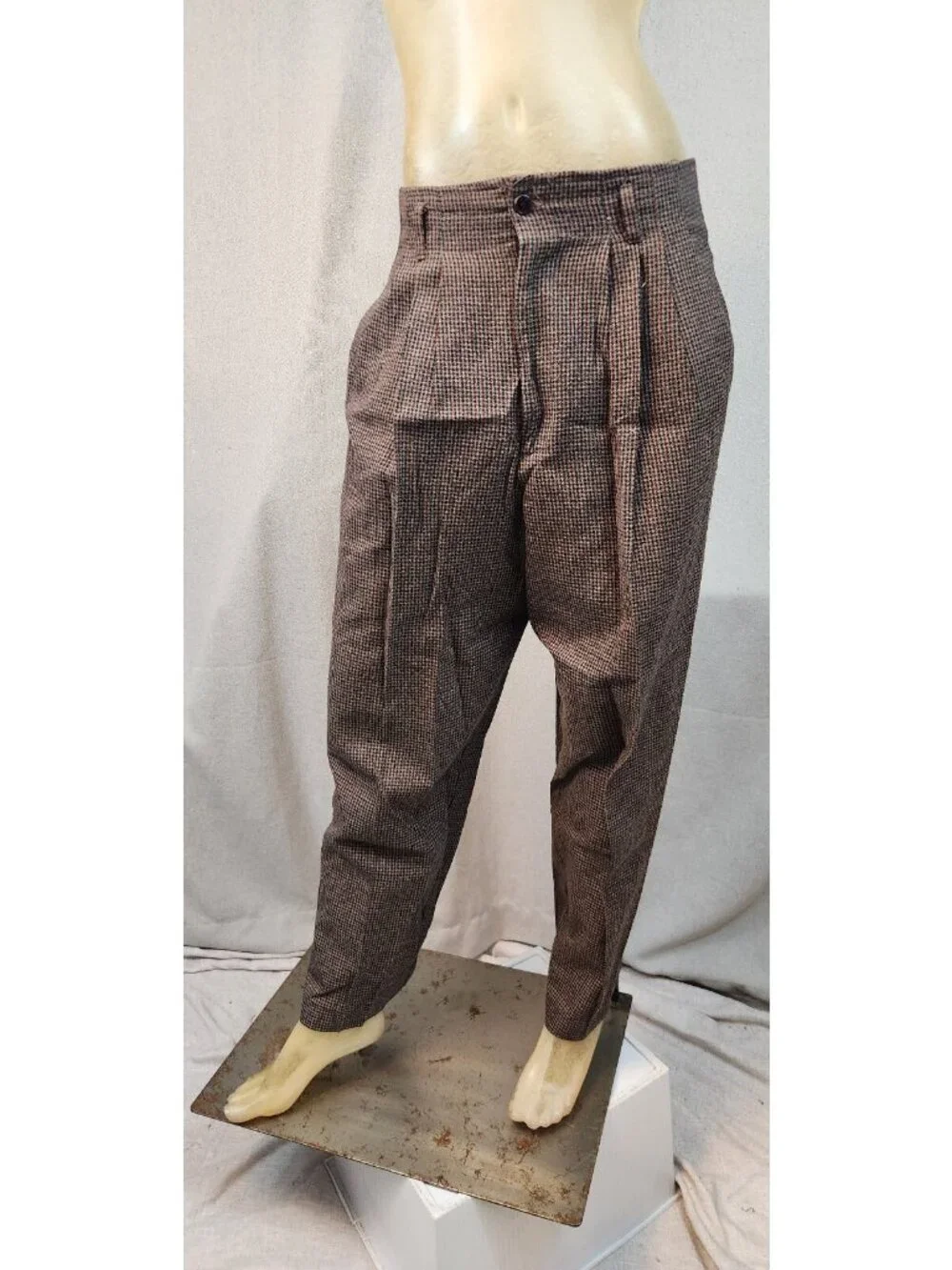 VTG Inclinations Size 12 Brown Pleated Tapered Leg Dress Pants Houndstooth USED - Picture 1 of 6